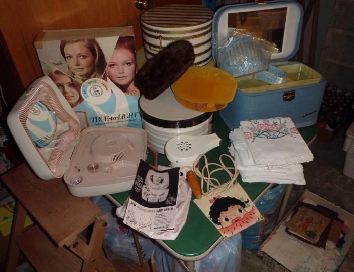 Vintage Vanity Items.  50's hair dryer, 60's hair dryer, 40's - 50's hats and boxes, etc.