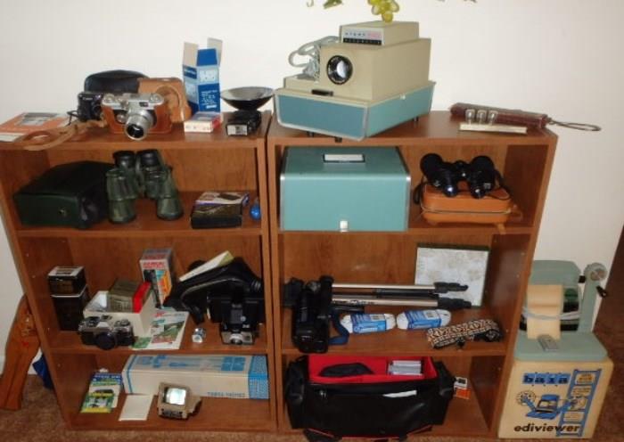 Vintage Cameras, Tripods, Projector, Screen, Binoculars, etc.