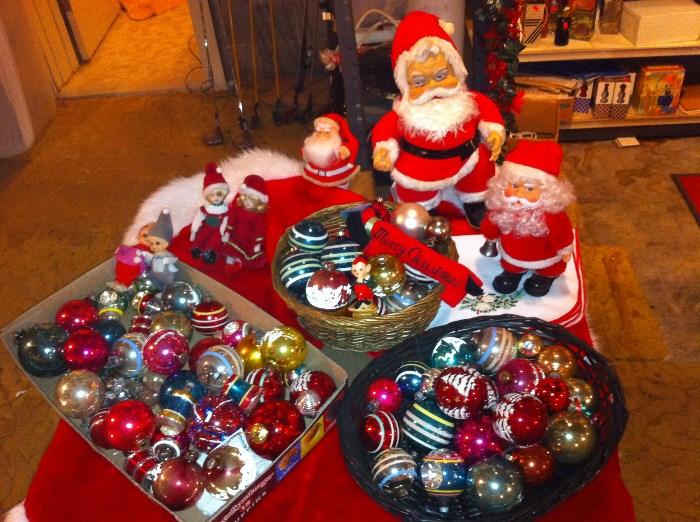 Vintage Shiny Brite ornaments.  Vintage Dan Dee Santa, 1970's Walking and bell ringing santa. elfs, etc,