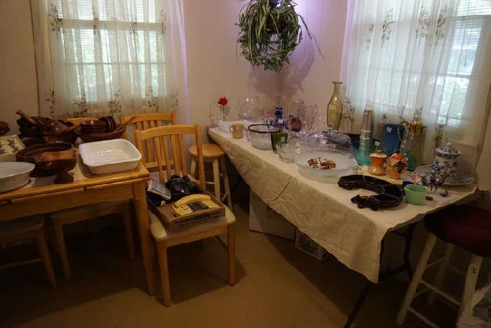 misc glass items, breakfast table & 4 chairs