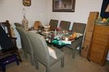 Glass top table and 6 chairs, jewelry chest, misc decorative items