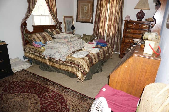 King size bed frame and mattress, comforter and pillows 