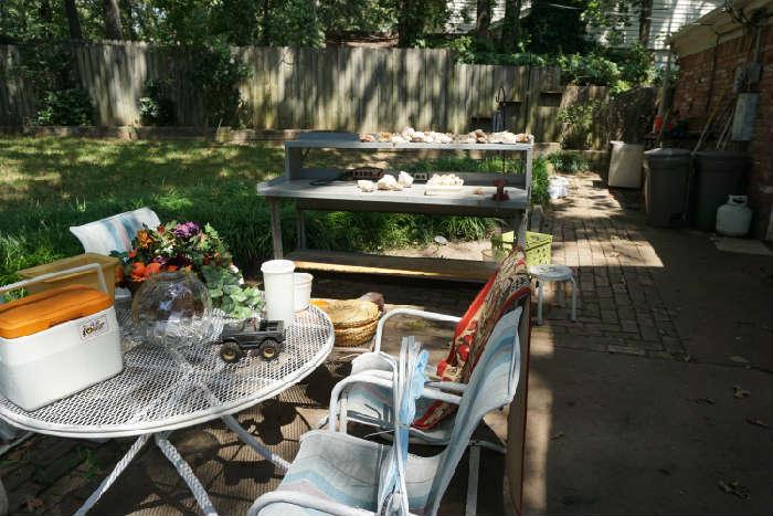 Patio furniture. misc. items, work bench, crystal rocks