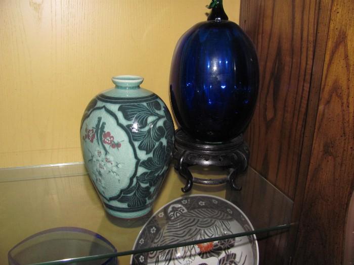 Chinese vase and Blown glass melon 