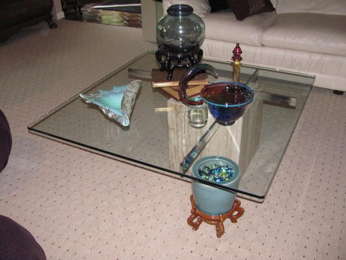 Glass top marble base table from Italy
