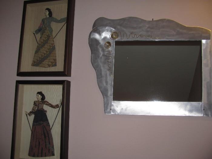 Framed Asian puppets and Hand made metal Mirror