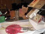 fire cracker fan, dog bookends were school project from the 30's, Owosso/Corunna post cards, pipes