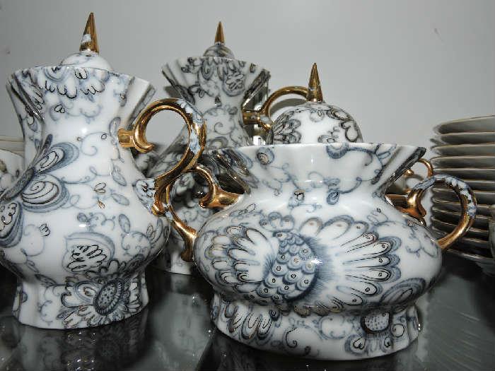 Hand decorated by Russian artisans, bottom stamped USSR. Gold accents. Purchased in Russia 40 years ago at a store in the Red Square. They stopped making the black and white set 40 years ago. 