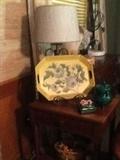 antique table, tole painted tray,