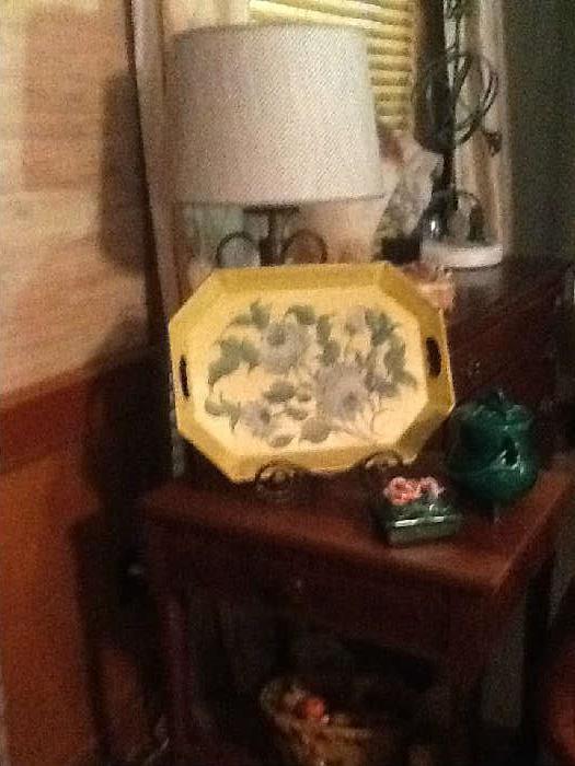 antique table, tole painted tray, 