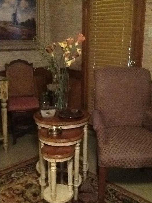 nesting table, rug, french country chair and side chair