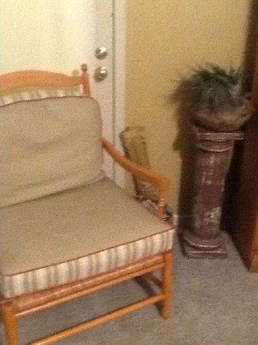 french country chair with rush bottom seat, column, storage shelf 