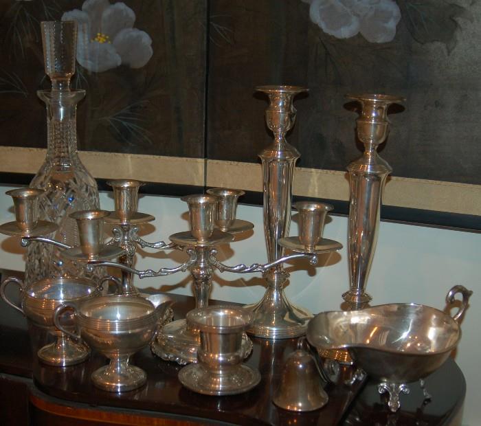 Sterling Candlesticks and Accessories, Waterford Decanter