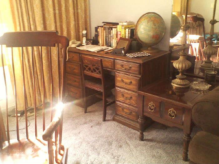 coffee table with two matching end tables, solid oak desk with original hardware, antique windsor chair