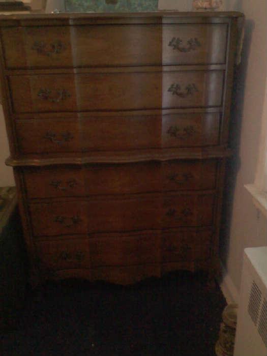 complete queen size French country bedroom set with headboard, triple dresser and mirror, tall dresser and night stands