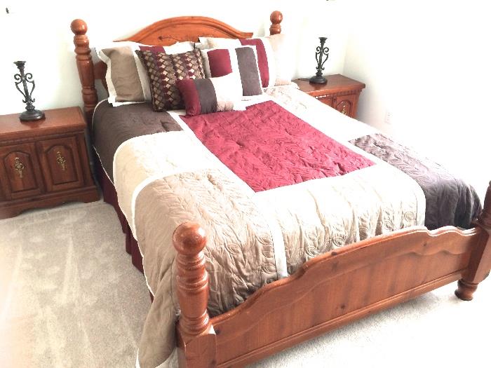 Broyhill (Full-size) 4 poster Pine Bed.  Two nightstands