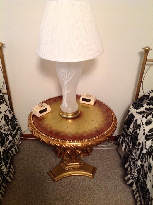 Gold side table, glass lamp, Hollywood Regency