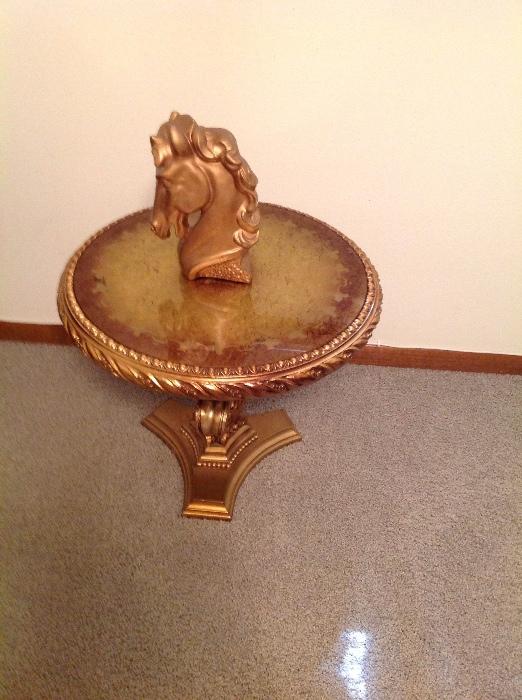 Gold side table, gold horse head, Hollywood Regency
