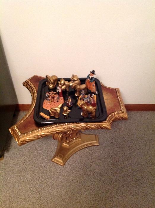 Gold side table, gold pottery animals, figurines