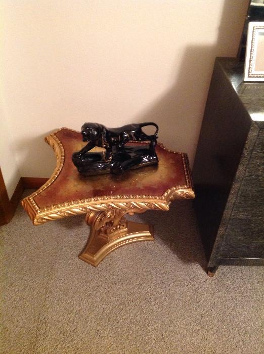 Gold side table, Hollywood Regency, retro black ceramic panther