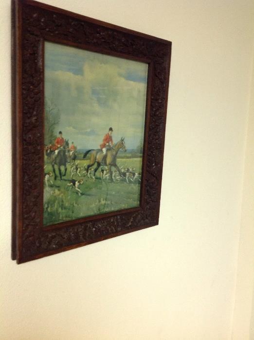 "The Hunt" antique painting and frame