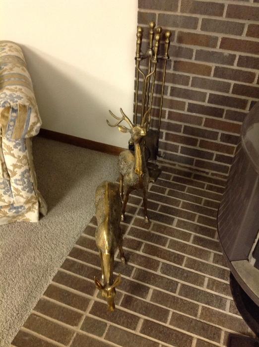 Brass deer and fireplace tools