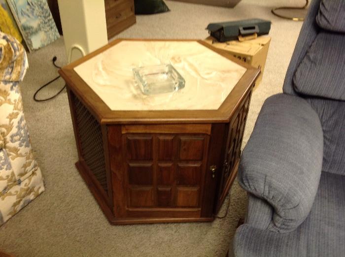 Retro side table with marble top and stereo inside