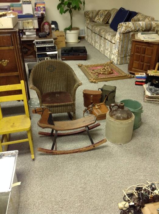 Antique children's chairs, and rocking horse, antique jug, vintage cameras