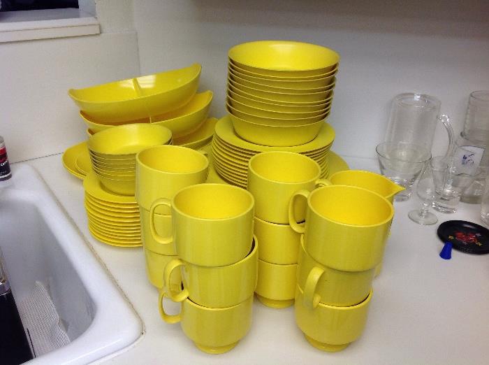 Oneida yellow plastic dish set, serving 12.  Very 1960's