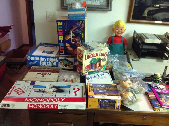 Vintage and retro games, monopoly, lite bright, sequence, Lincoln logs, matchbox cars, Monday Night Football