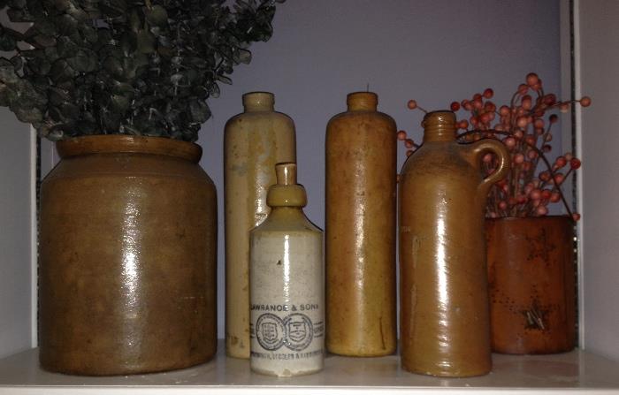 antique pottery crock & beer/wine jugs