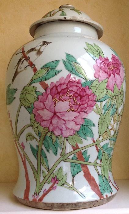 Large Antique Covered Jar, Chinese, Famille Rose with birds and peony blossoms.