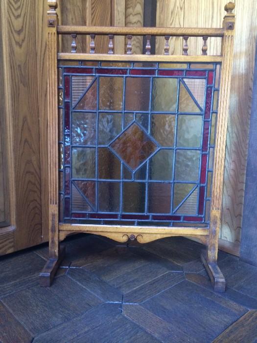 Antique stained glass window fireplace screen