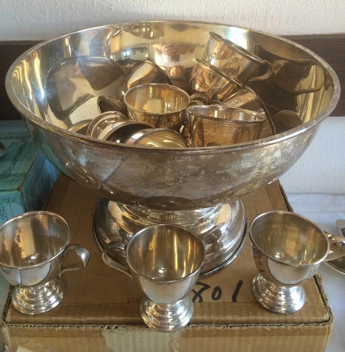 Nickel silver punch bowl and cups