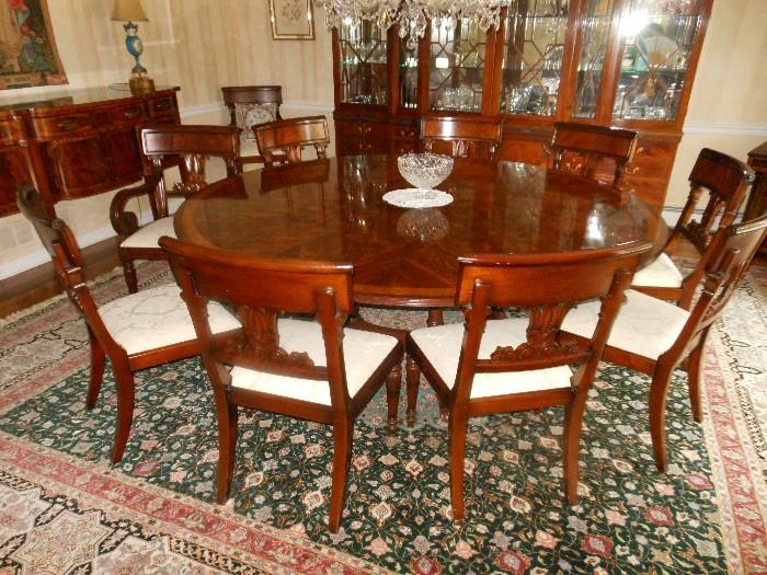 84" Round Dining Room Table & Pads, Regency Armchairs (10) & Sidechairs (2)