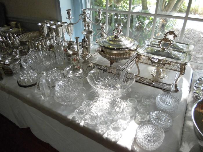 Crystal and Silverplate Serving Pieces as well as Multiple Pieces of Sterling Silver