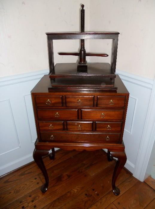 Antique Linen Press sitting atop Hickory Chair Queen Ann Mahogany Silver Chest--All drawers have non-tarnish inserts