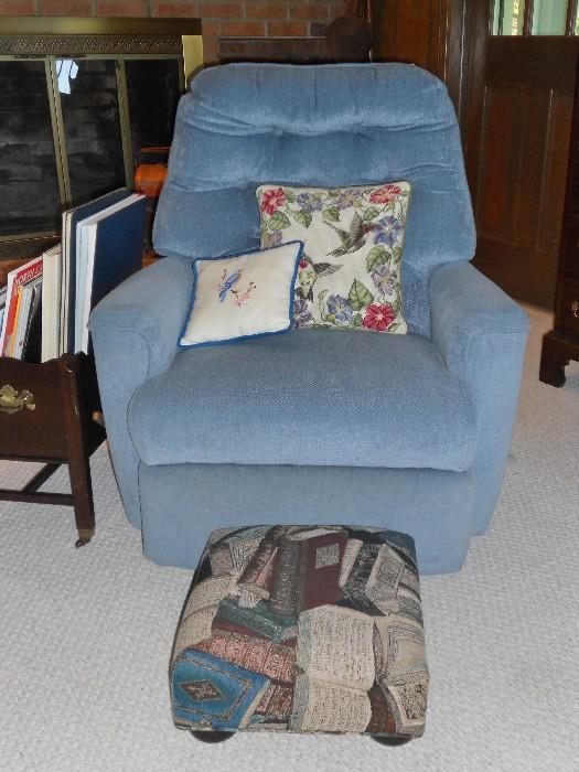 Comfy Blue Upholstery Recliner by Best--it also swivels, rocks and has manual rising foot rest