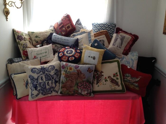 Large Selection of Crewel, Needlepoint and Fabric Throw Pillows