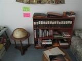 globe, bookcase books, slides
