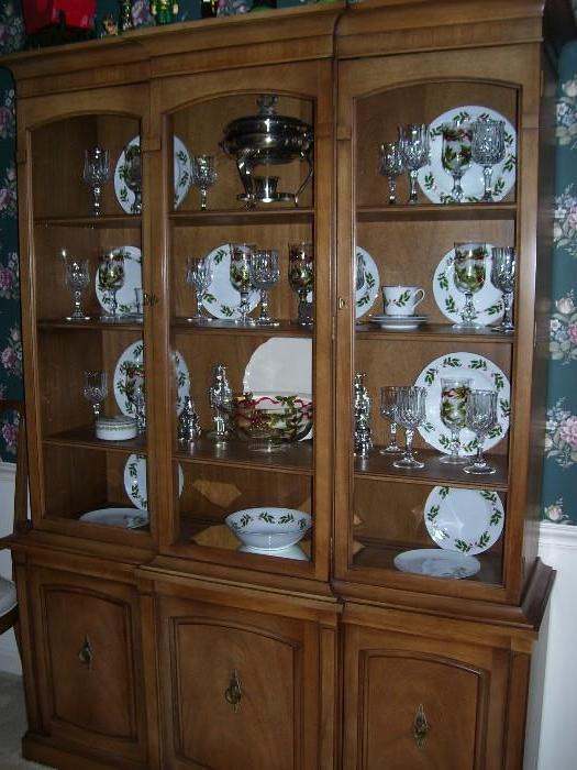 Drexel China cabinet with Christmas china and glassware as well as silverplate serving pieces