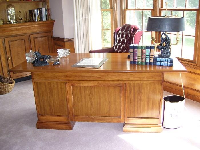 Oak office desk, books, lamp and Black Beauty horse figure