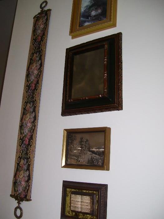 Framed prints and bell pull and other eclectic artwork