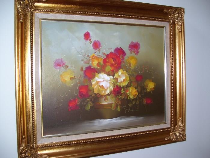 Framed oil painting on canvas of flowers