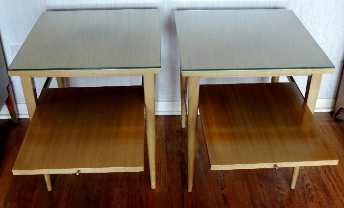 Rare McCobb by Calvin side tables with sliding shelf, glass tops