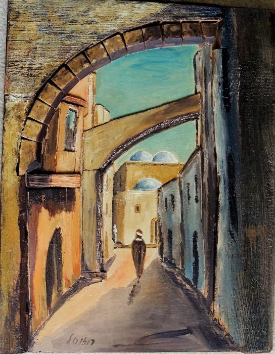 Jerusalem "Old City" street scene - Harry Rosenthal - wood/ganache