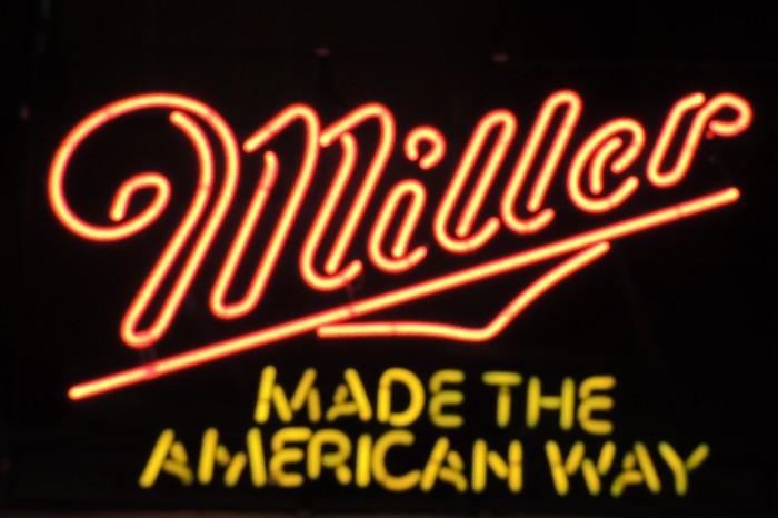 Vintage large neon sign "Miller - Made the American Way" from Willougby bar, with pull chain, various heavy-duty mounting points or can sit on the floor
