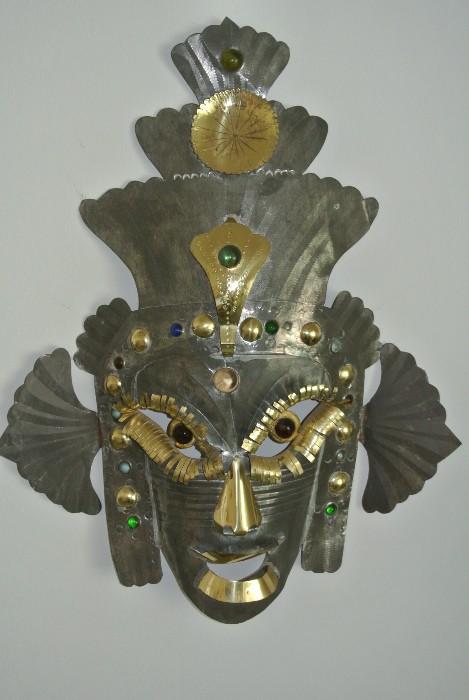 Large Vintage Decorative Mexican Mayan Deco Tin Mask