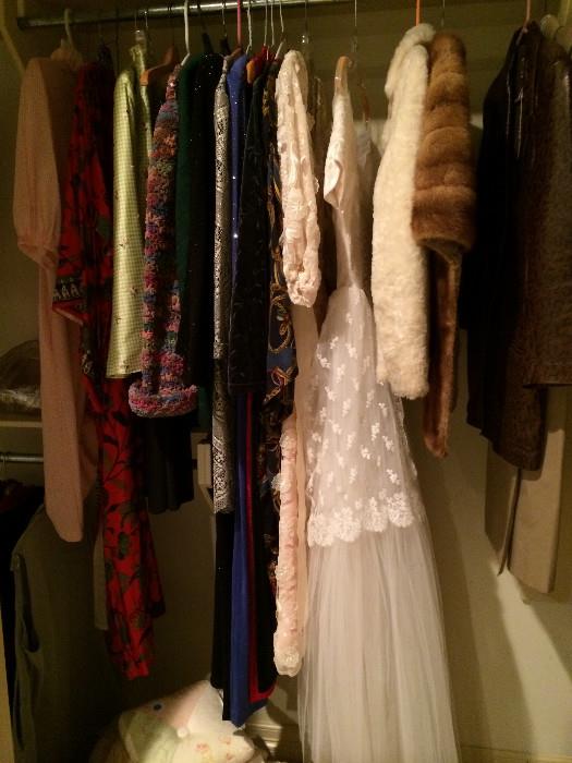 Vintage wedding dress; fur stole; other clothing