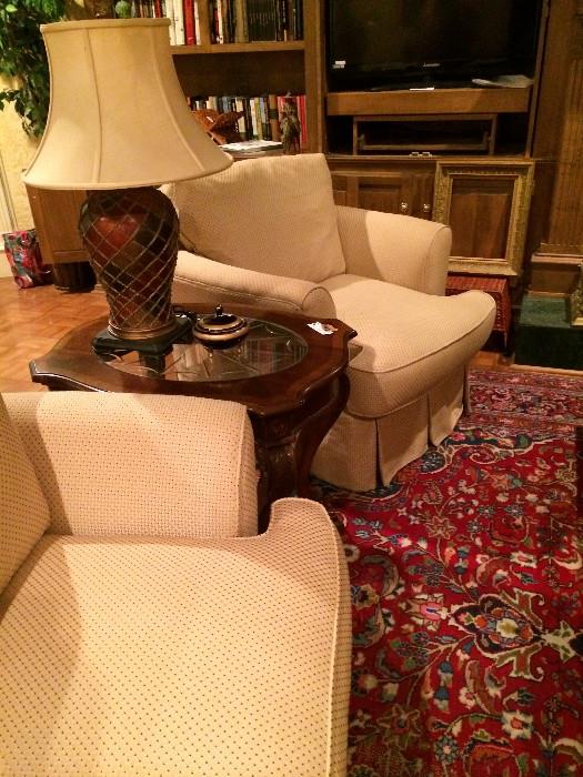        Extra nice pair of club chairs, end table, & lamp 